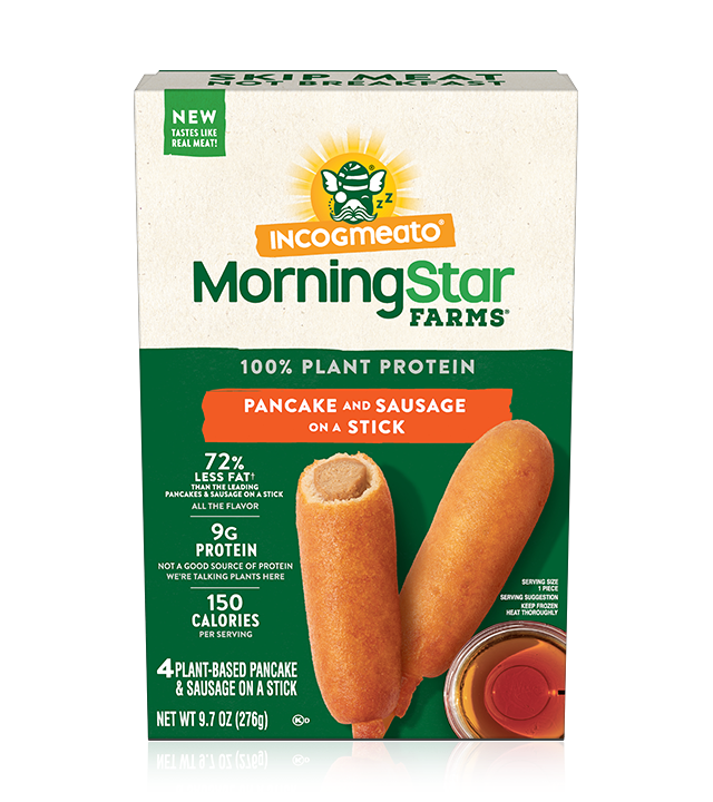 INCOGMEATO. MorningStar FAMS. 100% PLANT PROTEIN. PANCAKE AND SAUSAGE ON A STICK
