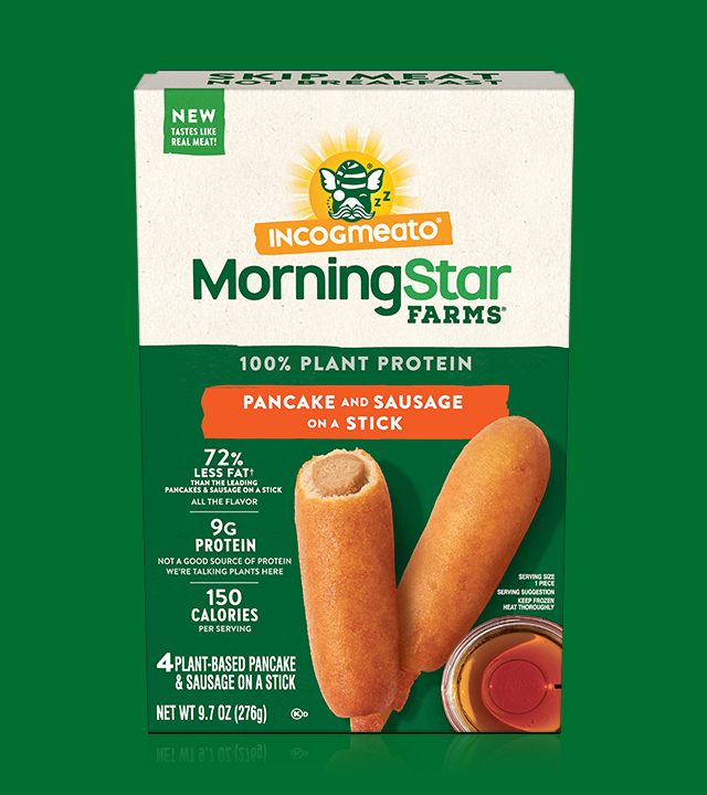 INCOGMEATO. MorningStar FAMS. 100% PLANT PROTEIN. PANCAKE AND SAUSAGE ON A STICK