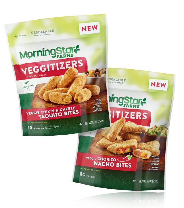 MorningStar Farms® Veggitizers™ Veggie Chik'n & Cheeze Taquito Bites and Veggie Chorizo Nacho Bites