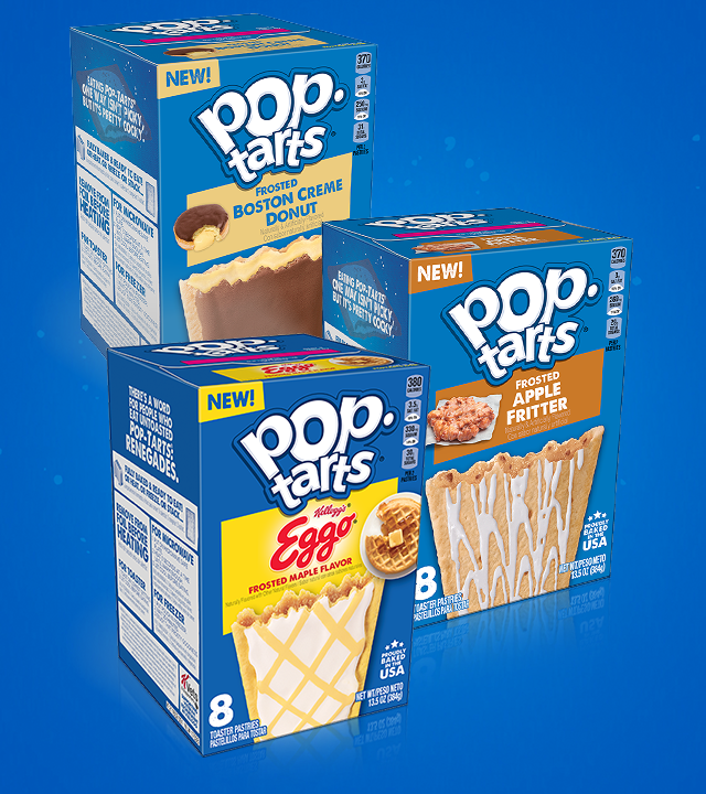 pop. tarts FROSTED BOSTON CREME DONUT. pop. tarts Kellogg's Eggo FROSTED MAPLE FLAVOR.pop. tarts FROSTED APPLE FRITTER