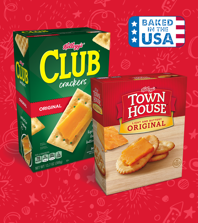 BAKED IN THE USA. Kellogg's CLUB crackers. Kellogg's TOWN HOUSE. LIGHT AND BUTTERY ORIGINAL