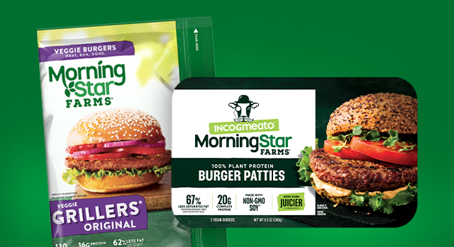 VEGGIE BURGERS. Morning Star FARMS. VEGGIE GRILLERS® ORIGINAL. INCOGMEATO Morning Star FARMS. 100% PLANT PROTEIN. BURGER PATIES