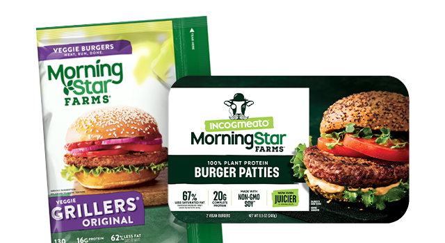 VEGGIE BURGERS. Morning Star FARMS. VEGGIE GRILLERS® ORIGINAL. INCOGMEATO Morning Star FARMS. 100% PLANT PROTEIN. BURGER PATIES
